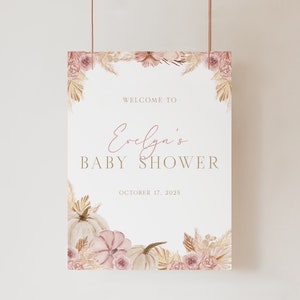 Editable Pink Pumpkin Baby Shower Welcome Sign, Boho Baby Shower Welcome Poster, Pink Boho Fall Pumpkin, Template Instant Download - Adeline