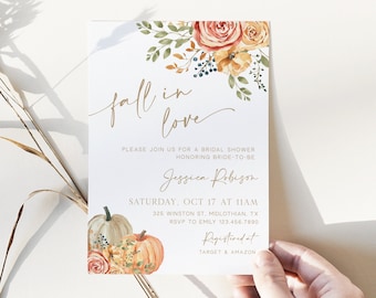 May include: Fall in love bridal shower invitation with a watercolor design featuring pumpkins, flowers, and leaves. The invitation is for Jessica Robison and includes the date, time, location, and RSVP information. It also states that the bride-to-be is registered at Target and Amazon.