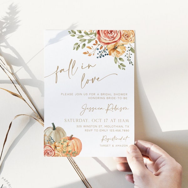 Fall in Love Bridal Shower Invitation Template, Boho Pumpkin Bridal Shower Invite, Fall Floral Bridal Shower, Editable Template - Faye