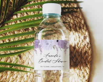 Lillian - Lavender Water Bottle Labels Template, Bridal Shower Water Bottle Label, Purple Floral Water Bottle Label, Instant Download