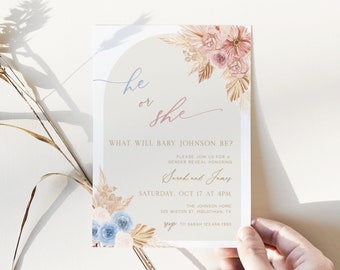 Boho Arch Gender Reveal Invitation Template, He or She Gender Reveal Invite, Blue and Pink Pampas Grass, Editable Instant Download - Brooks