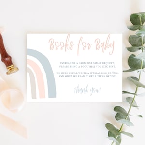 Libros para tarjeta de inserción de bebé, Inserto neutro para baby shower de arcoíris, Inserto de biblioteca para bebés, Inserto de revelación de género para bebé, Plantilla editable - Blakely