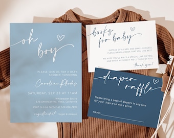 Editable Baby Shower Invitation Set, Oh Boy Baby Shower Invite, Minimalist Baby Shower Invitation, Editable Instant Download - Asher