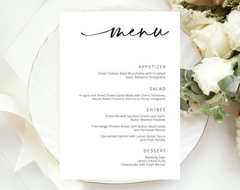 Wedding Menu Template, Minimalist Wedding Menu Card, Elegant Script Wedding Menu Printable, 5x7 and 4x9, Editable Instant Download - Myla