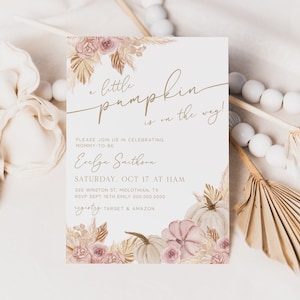 Editable Pink Pumpkin Baby Shower Invitation Template, Little Pumpkin Boho, Pink Fall Girl Baby Shower Invite, Instant Download - Adeline
