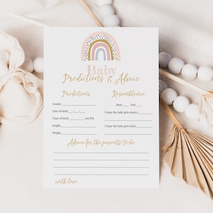 Raylee - BabyVorhersagen und Ratschlagskarten, Regenbogen-Babypartyspiele druckbar, Boho-Babypartyspiele, bearbeitbare Vorlage, Sofort-Download