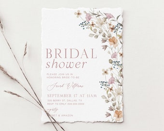 Wildflower Bridal Shower Invitation Template, Pink Floral Bridal Shower Invite, Boho Floral Bridal Shower, Editable Instant Download - Mia