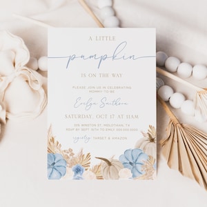 Bearbeitbare Blaue Kürbis-Babyparty-Einladungsvorlage, Boho kleiner Kürbis einladen, Boho Fall Boy-Babyparty, sofortiger Download - Aiden