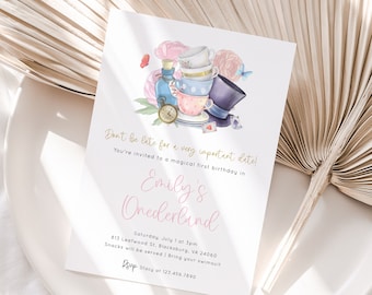 Alice in Wonderland 1st Birthday Invitation Template, Onederland Girl Birthday Invite, Mad Tea Birthday Invite, Editable Instant Download