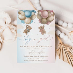 Modèle d'invitation de révélation de sexe d'ours, invitation de sexe de garçon ou de fille, révélation de sexe de ballons d'ours, téléchargement immédiat modifiable - Bryce
