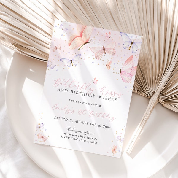 EDITABLE Butterfly Birthday Invitation Template, Pink Butterfly Kisses Invite, Girl First Birthday, Butterfly Party Download - Bella