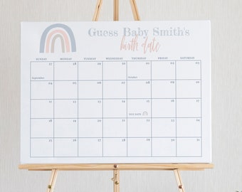 Rainbow Baby Due Date Calendar Template, Guess the Birthday Sign, Gender Reveal Guess the Birth Date, Editable Instant Download - Blakely