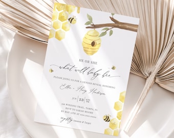Honey Bee Gender Reveal Invitation Template, What Will Baby Bee Invite, Bumble Bee Baby Shower Invitation, Editable - Bailee