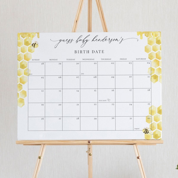 Bee Baby Due Date Kalender Vorlage, Bienenwabe Errate das Geburtstagsschild, Babyparty Errate das Geburtsdatum, bearbeitbarer Sofortiger Download - Bailee