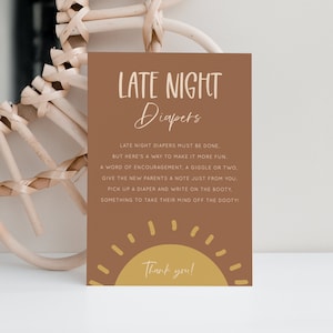 Soli - Late Night Diapers Sign, Sunshine Baby Shower Games Printable, Boho Baby Shower Games, Editable Template, Instant Download