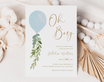 Editable Boy Baby Shower Invitation, Oh Boy Balloon Baby Shower Invite, Blue Balloon Baby Shower Invitation, Instant Download - Milo