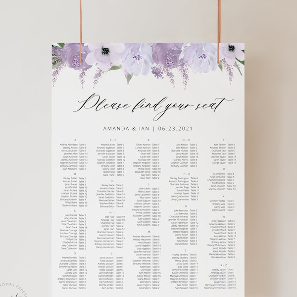 Alphabetical Lavender Seating Chart Template, Elegant Purple Floral Seating Chart Poster, Printable Template Instant Download - Lillian