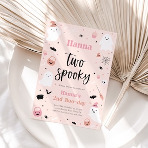 EDITABLE Two Spooky 2nd Birthday Party Invitation, Cute Pink Ghost, Spooktacular Halloween Birthday Invite, Instant Download - Lolli