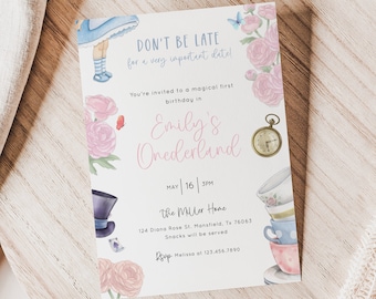 May include: A whimsical invitation card with an Alice in Wonderland theme. The card features illustrations of teacups, flowers, and a pocket watch. Text includes "Emily's Onederland" and event details. The color palette includes pink, blue, and gold accents.