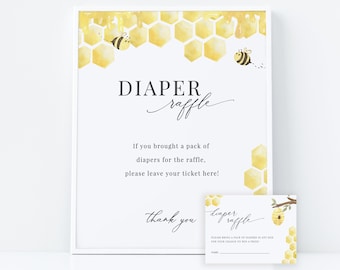 Enseigne et insert de tombola de couches, jeux de baby shower abeilles imprimables, jeu de baby shower de couches, modèle modifiable, téléchargement immédiat - Bailee