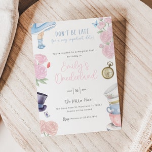 Modèle d'Invitation d'anniversaire d'Alice à Onederland, premier anniversaire de fille, invitation d'anniversaire de Mad Tea Party au pays des merveilles, téléchargement immédiat modifiable