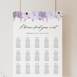 Lavender Floral Seating Chart Template, Vertical Elegant Seating Chart Poster, Printable Template Instant Download - Lillian