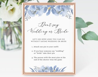 Don't Say Wedding or Bride, Bridal Shower Game, Clothespin Game, Dusty Blue Floral Shower Games Printable, Instant Download - Alya
