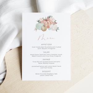 Modèle de Menu de mariage d'automne, carte de menu de mariage citrouille, menu de Thanksgiving imprimable, 5 x 7 et 4 x 9, téléchargement immédiat modifiable - Lainey