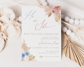 Boho Gender Reveal Invitation Template, He or She Gender Reveal Invite, Blue and Pink Pampas Grass, Editable Instant Download - Brooks