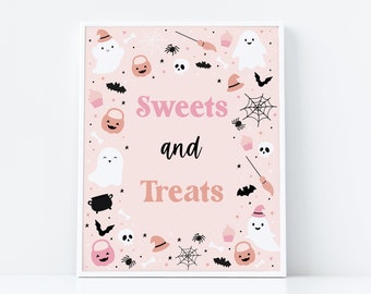 Editable Halloween Treat Sign Template, Cute Pink Ghost Party Sign, Spooky Sweets and Treats, Spooktacular Party, Instant Download - Lolli