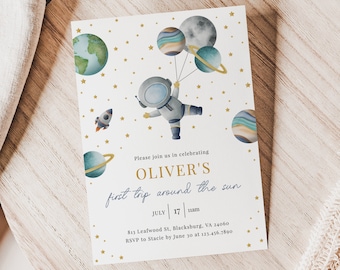 Editable First Trip Around The Sun, Outer Space First Birthday Invitation, Galaxy Blast Off Invite, Template Instant Download - Apollo
