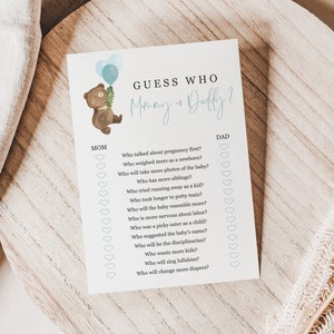 Theodore - Guess Who Mommy or Daddy, Teddy Bear Baby Shower Games Printable, Bear Balloons Theme, Editable Template, Instant Download