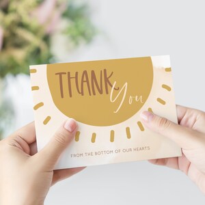 Soli - Sonnenschein-Babyparty-Dankeskarten, Boho Sun druckbare Karten, Sonnenschein erster Geburtstag Dankeskarten, bearbeitbarer sofortiger Download,