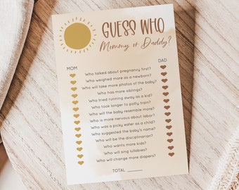 Soli - Raad eens wie mama of papa, wie zei het Baby Shower Games Afdrukbaar, Boho Sunshine Baby Games, Bewerkbare sjabloon, Instant Download