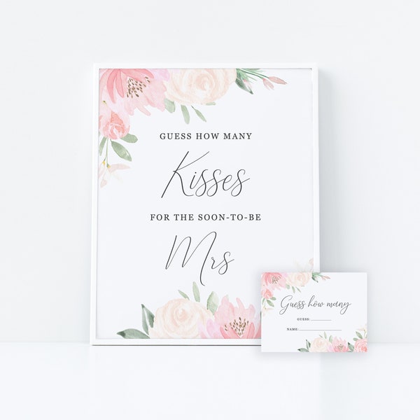 Alena - Guess How many Kisses, Bridal Shower Games Printable, Blush Pink Floral, Game Sign and Card, Editable Template Instant Download