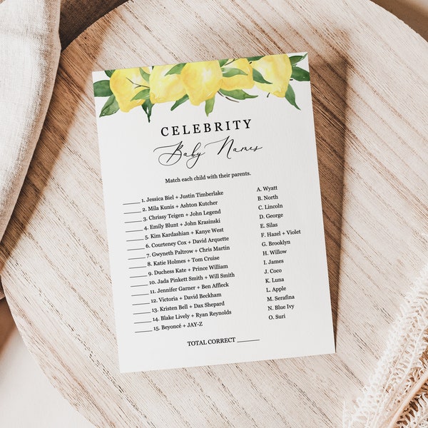 Lyla - Celebrity Baby Names Matching Game, Baby Shower Games Printable, Lemon Summer Citrus, Editable Template, Instant Download