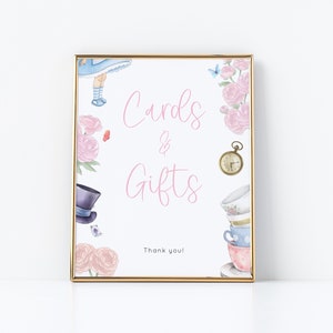 Modello di cartello per biglietti e regali di Onederland, cartello per regali per il primo compleanno di una ragazza, cartello per il compleanno del Mad Tea Party, download immediato modificabile - Alice