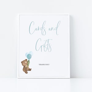 Theodore - Plantilla de signo de tarjetas y regalos de globos de oso, signo de baby shower de oso de peluche, signo de primer cumpleaños de Beary, descarga instantánea editable