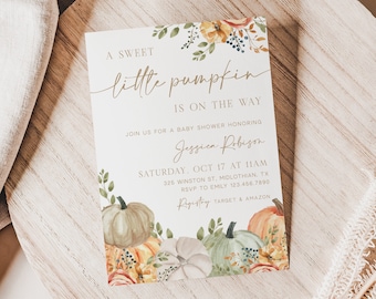 May include: A baby shower invitation with a watercolor illustration of pumpkins and fall foliage. The text reads "A sweet little pumpkin is on the way. Join us for a baby shower honoring Jessica Robinson. Saturday, Oct 17 at 11am. 325 Winston St, Midlothian, TX. RSVP to Emily 123.456.7890. Registry: Target & Amazon."