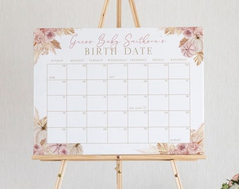 Modello modificabile di calendario per data di scadenza del bambino Boho Pumpkin, Indovina il segno del compleanno, Baby Shower Indovina la data di nascita, download istantaneo - Adeline