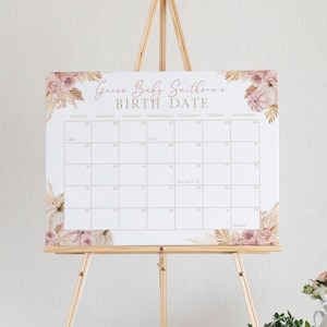 Plantilla de calendario editable con fecha de vencimiento de bebé de calabaza bohemia, Adivina el letrero de cumpleaños, Baby Shower Adivina la fecha de nacimiento, Descarga instantánea - Adeline