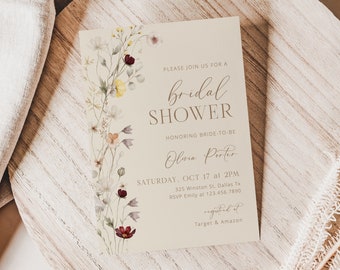 Boho Wildflower Bridal Shower Invitation Template, Floral Bridal Shower Invite, Boho Bridal Shower, Editable Template Download - Ella