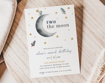 Apollo - Two the Moon Birthday Invitation Template, Outer Space, Moon Stars Birthday Invite, Boy Second Birthday, Editable Instant Download