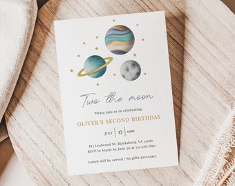 Apollo - Outer Space Birthday Invitation, Two the Moon Birthday Invite, Planets Boy Second Birthday, Editable Template Instant Download