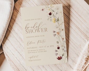 Wildflower Bridal Shower Invitation Template, Bohemian Bridal Shower Invite, Boho Bridal Shower, Editable Template Instant Download - Ella