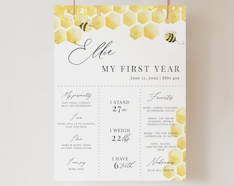 First Birthday Milestone Poster, First Bee-Day Birthday Stats Sign, Bumblebee First Year Milestone Sign, Printable Instant Download - Bailee