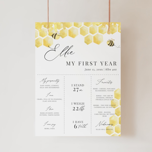 First Birthday Milestone Poster, First Bee-Day Birthday Stats Sign, Bumblebee First Year Milestone Sign, Printable Instant Download - Bailee