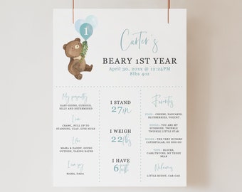 Theodore - Beary First Birthday Milestone Poster, Teddy Bear Birthday Stats Sign, First Year Milestone Sign, Printable Instant Download