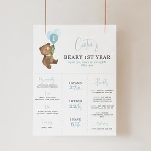 Theodore - affiche de jalon premier anniversaire de Beary, signe de statistiques d'anniversaire ours en peluche, signe de jalon de première année, imprimable téléchargement immédiat