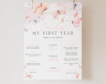 Puede incluir: Un póster personalizado de "Mi Primer Año" con un tema de mariposas. El póster incluye el nombre "Emily", medidas y detalles sobre la personalidad, los favoritos y los hitos del niño. El diseño incorpora mariposas rosas, doradas y moradas.